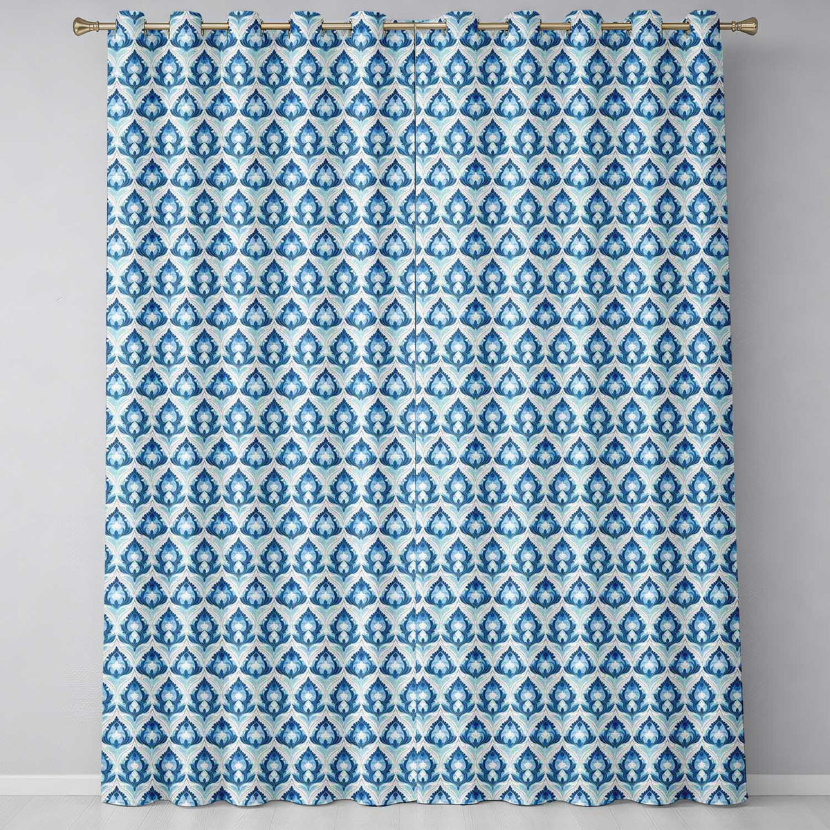 Blue Geometric Art Deco Seamless  Symmetrical Decorative Design  Readymade Eyelet Ring Top Thermal 100% Blackout Curtains