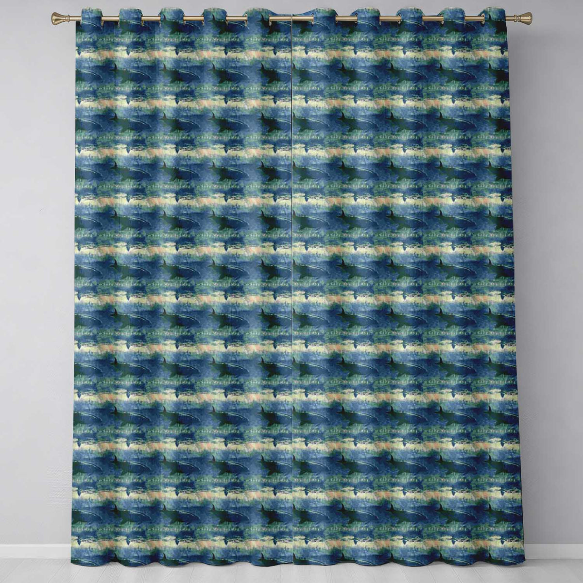 Vintage Ocean Whale Seamless  Textured Marine Animal Design  Readymade Eyelet Ring Top Thermal 100% Blackout Curtains