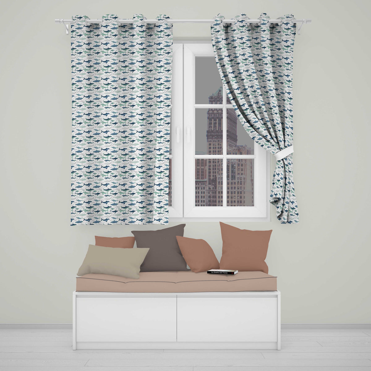 Light Blue Ocean Whale Seamless  Minimal Marine Animal Design  Readymade Eyelet Ring Top Thermal 100% Blackout Curtains