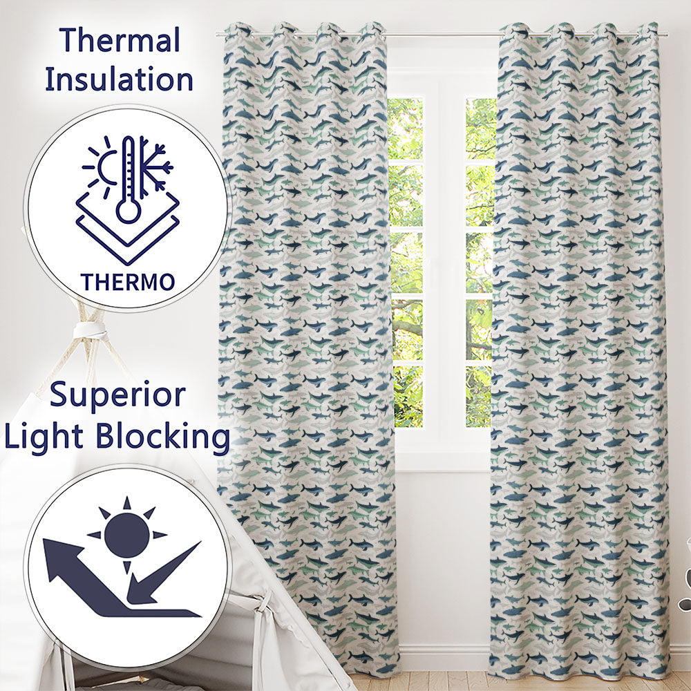 Light Blue Ocean Whale Seamless  Minimal Marine Animal Design  Readymade Eyelet Ring Top Thermal 100% Blackout Curtains
