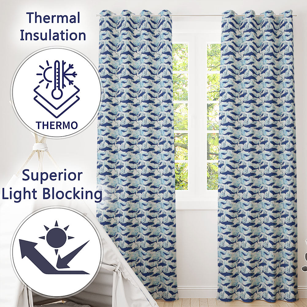 Beige Whale Ocean Seamless  Soft Marine Life Illustration Design  Readymade Eyelet Ring Top Thermal 100% Blackout Curtains