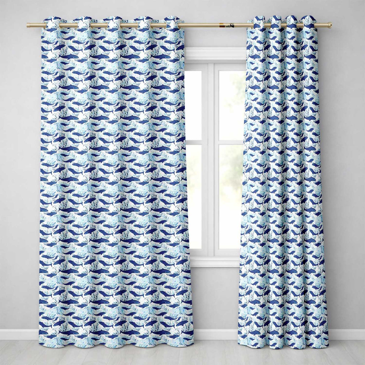 Beige Whale Ocean Seamless  Soft Marine Life Illustration Design  Readymade Eyelet Ring Top Thermal 100% Blackout Curtains