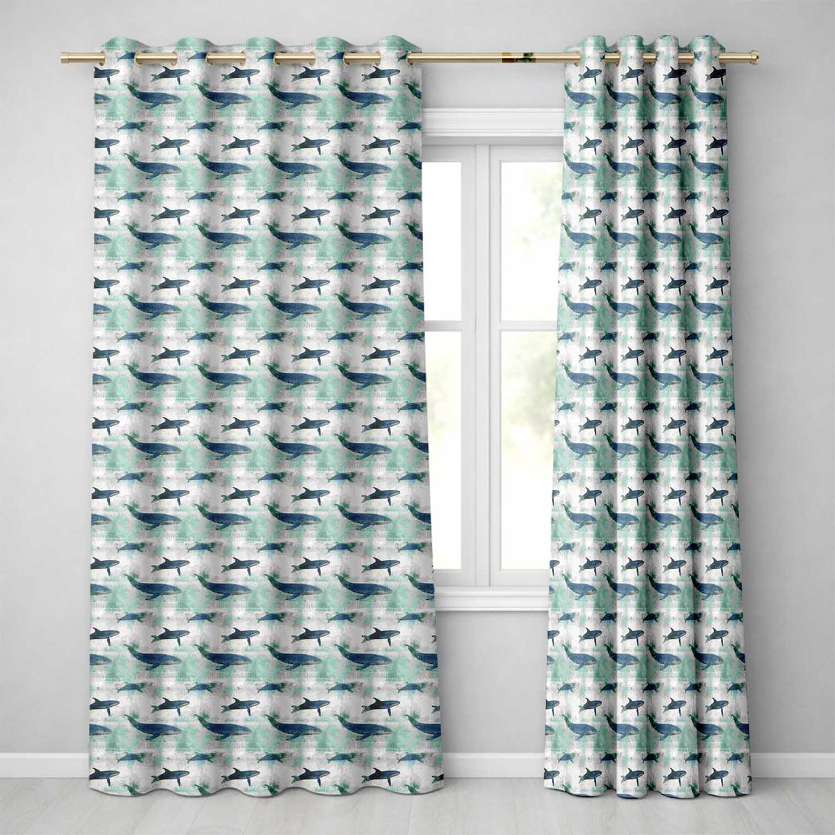 Blue Whale Seamless  Ocean Marine Animal Silhouette Design  Readymade Eyelet Ring Top Thermal 100% Blackout Curtains