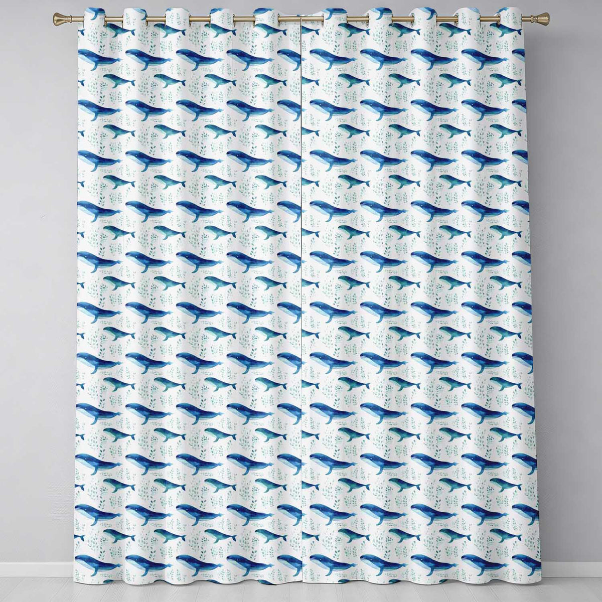 Watercolor Blue Whale Seaweed Seamless  Marine Ocean Design  Readymade Eyelet Ring Top Thermal 100% Blackout Curtains