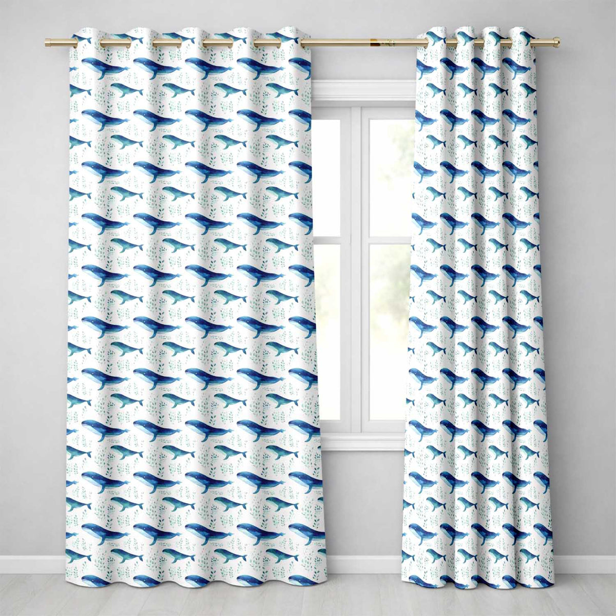 Watercolor Blue Whale Seaweed Seamless  Marine Ocean Design  Readymade Eyelet Ring Top Thermal 100% Blackout Curtains