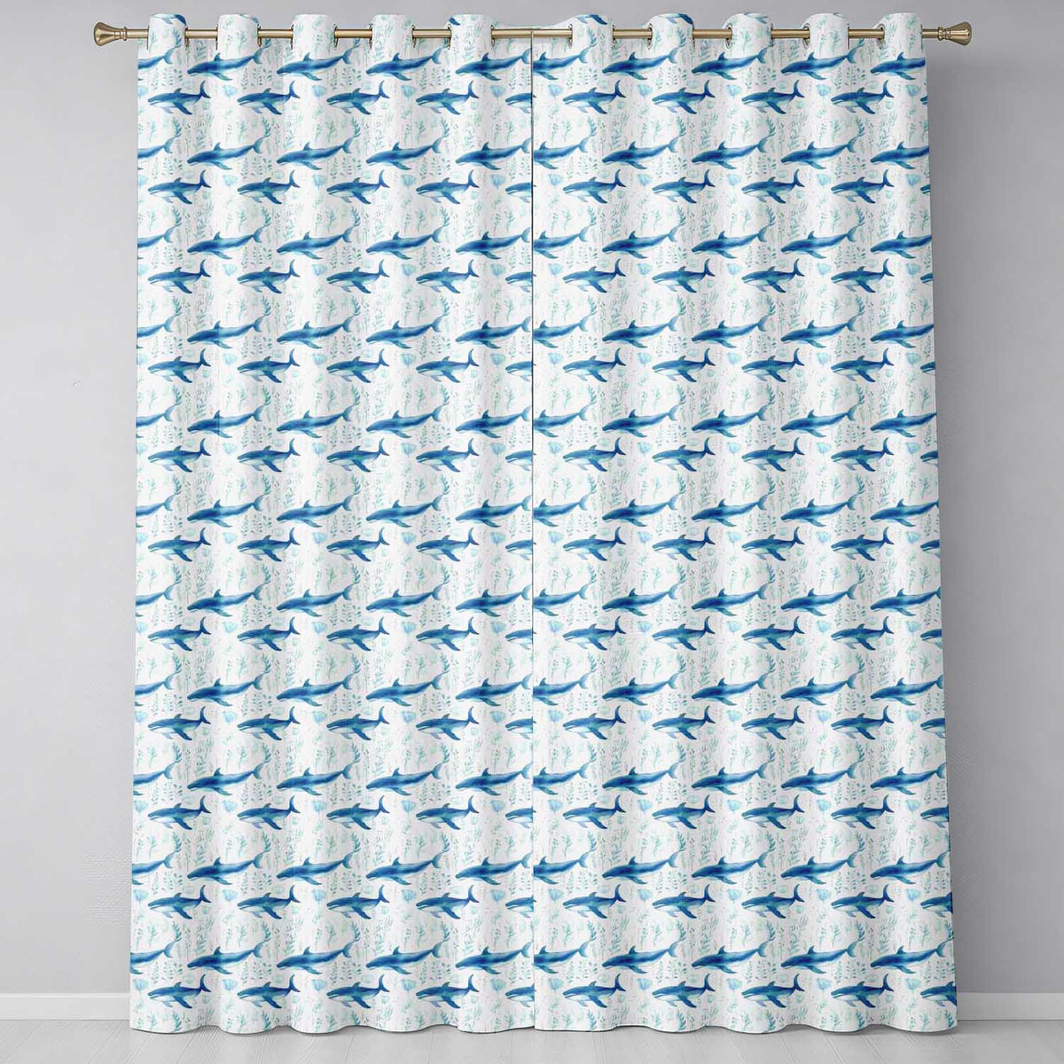 Watercolor Blue Dolphin Seaweed Seamless  Marine Ocean Design  Readymade Eyelet Ring Top Thermal 100% Blackout Curtains