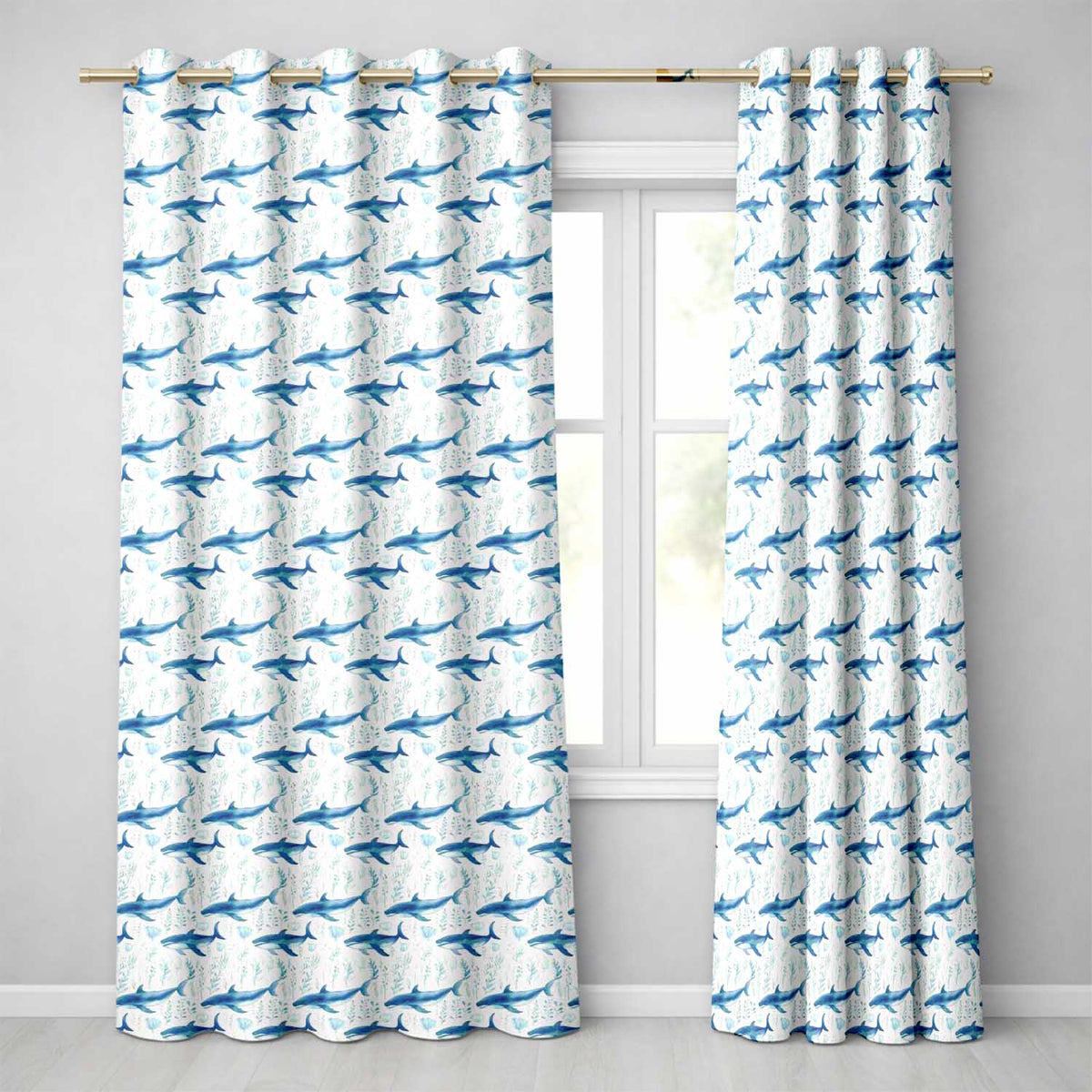 Watercolor Blue Dolphin Seaweed Seamless  Marine Ocean Design  Readymade Eyelet Ring Top Thermal 100% Blackout Curtains