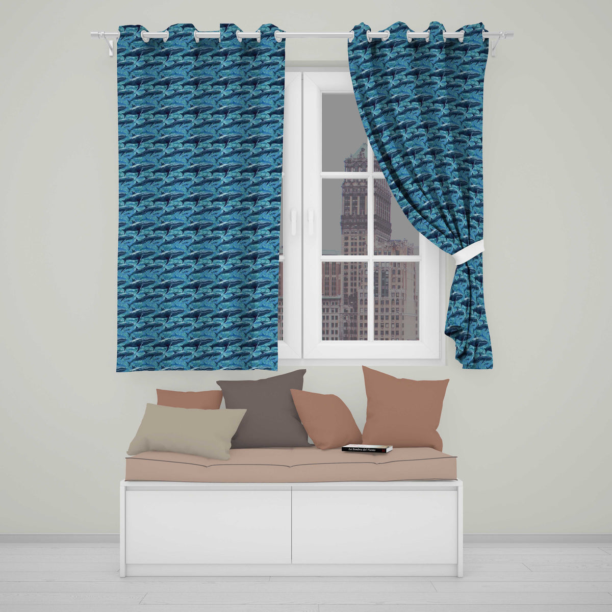 Deep Blue Whale Underwater Seamless  Ocean Marine Design  Readymade Eyelet Ring Top Thermal 100% Blackout Curtains