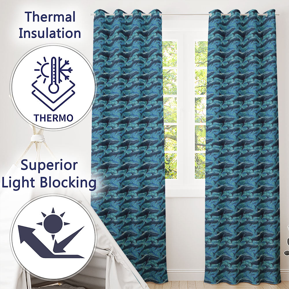 Deep Blue Whale Underwater Seamless  Ocean Marine Design  Readymade Eyelet Ring Top Thermal 100% Blackout Curtains