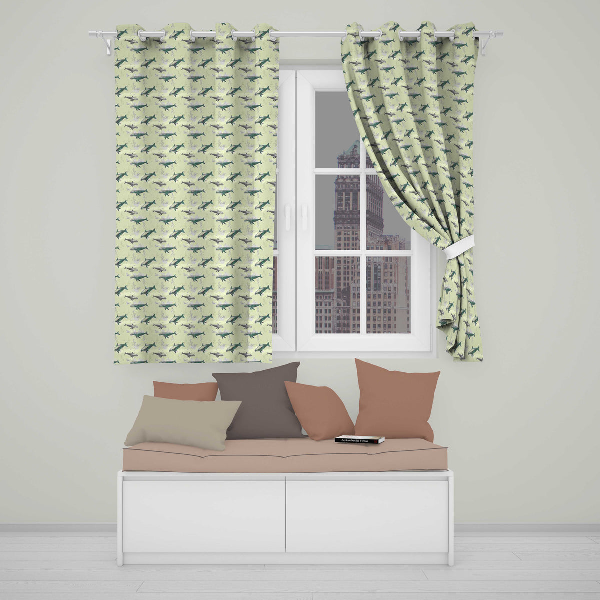 Vintage Whale Seamless  Soft Beige Marine Animal Design  Readymade Eyelet Ring Top Thermal 100% Blackout Curtains