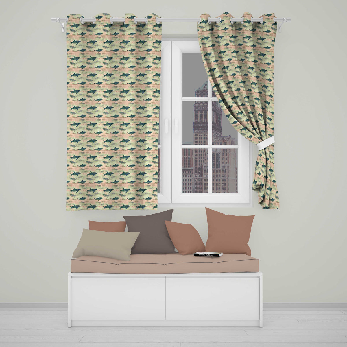 Ocean Whale Seamless  Distressed Beige Marine Animal Design  Readymade Eyelet Ring Top Thermal 100% Blackout Curtains