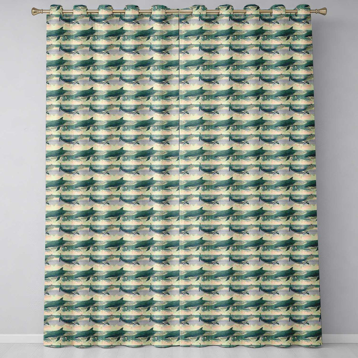 Vintage Blue Humpback Whale Seamless  Ocean Marine Design  Readymade Eyelet Ring Top Thermal 100% Blackout Curtains