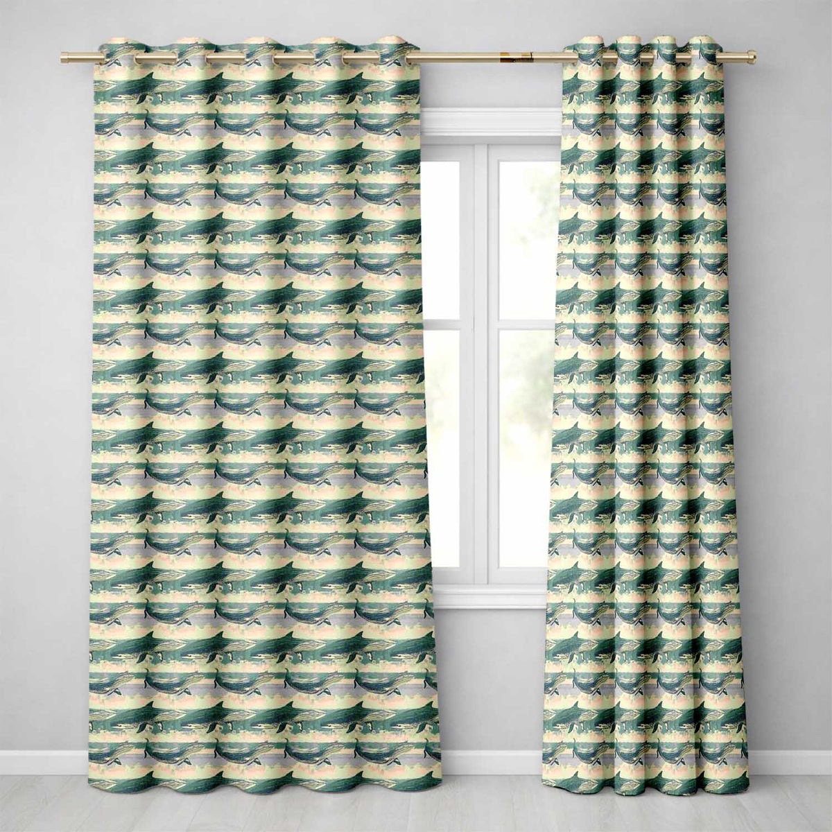 Vintage Blue Humpback Whale Seamless  Ocean Marine Design  Readymade Eyelet Ring Top Thermal 100% Blackout Curtains