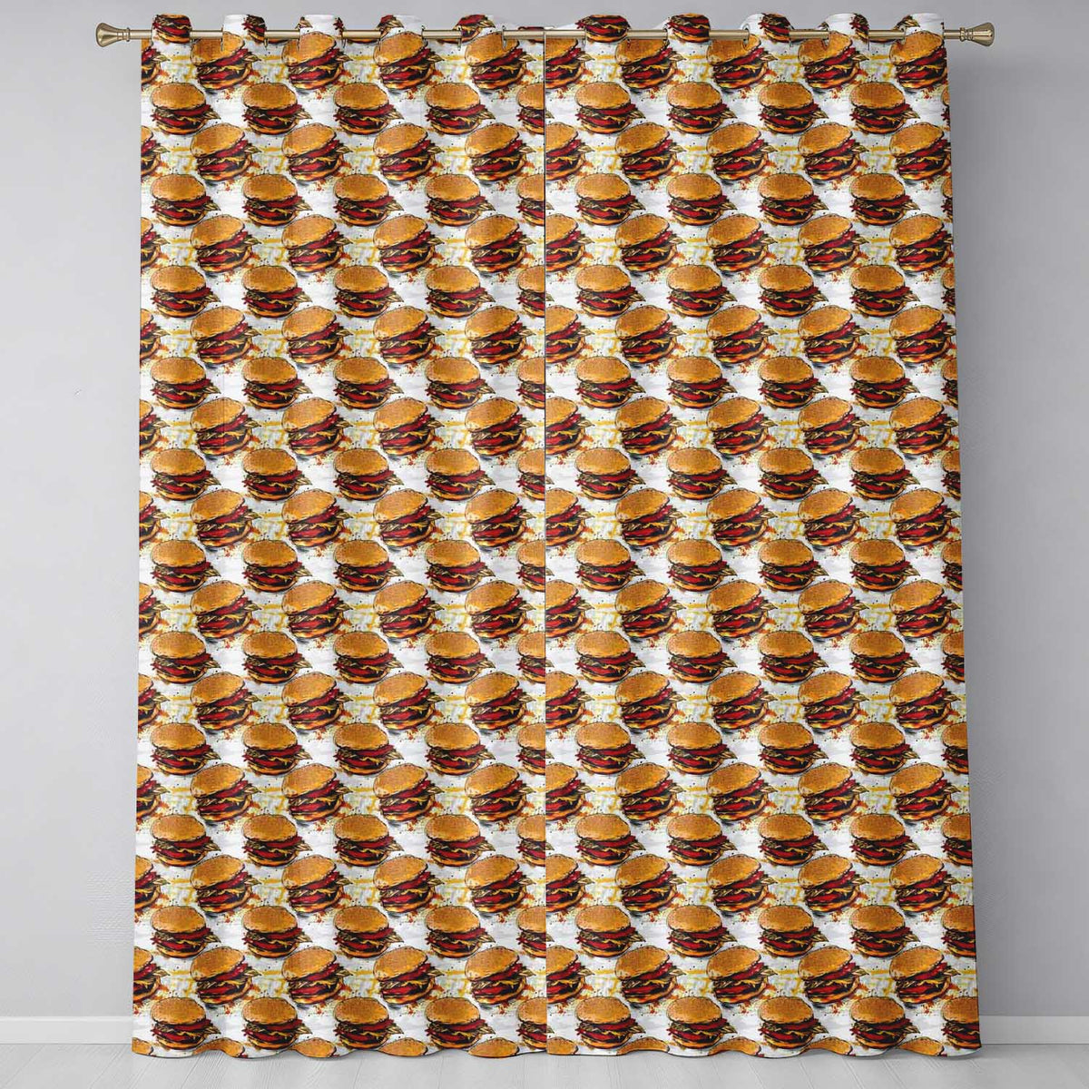Sketch Style Burger Seamless  Fast Food Illustration Design  Readymade Eyelet Ring Top Thermal 100% Blackout Curtains
