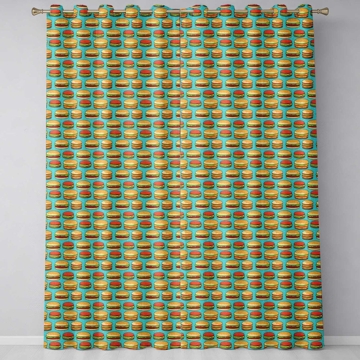 Burger Cartoon Seamless  Blue Background Food Design  Readymade Eyelet Ring Top Thermal 100% Blackout Curtains