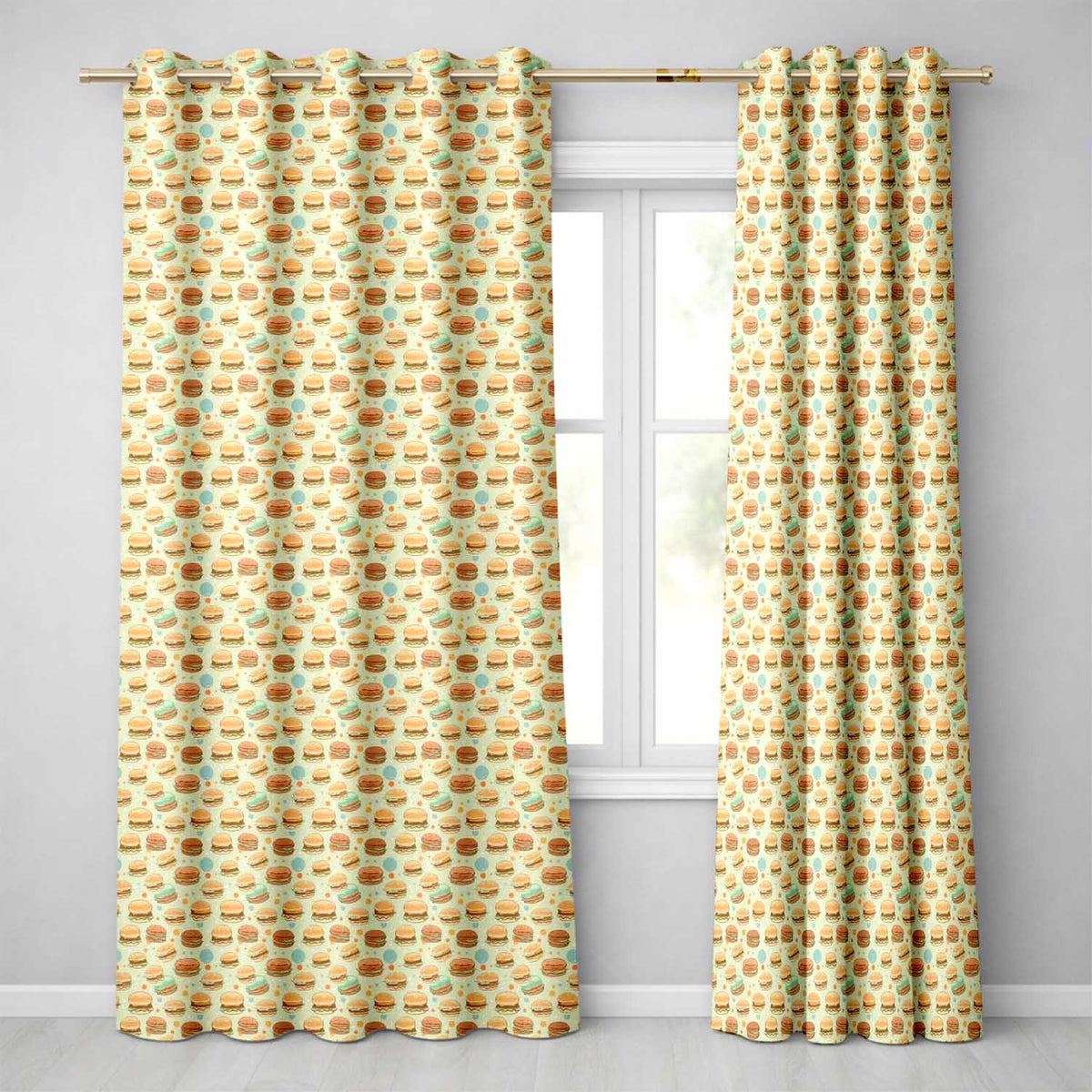Mini Burger Seamless  Mint Green Background Fast Food Design  Readymade Eyelet Ring Top Thermal 100% Blackout Curtains