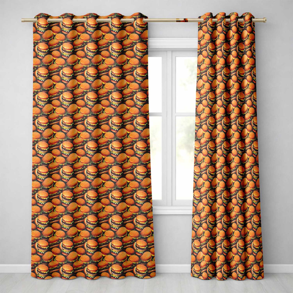 Glossy Realistic Cheeseburger Seamless  Dark Background Fast Food Design  Readymade Eyelet Ring Top Thermal 100% Blackout Curtains