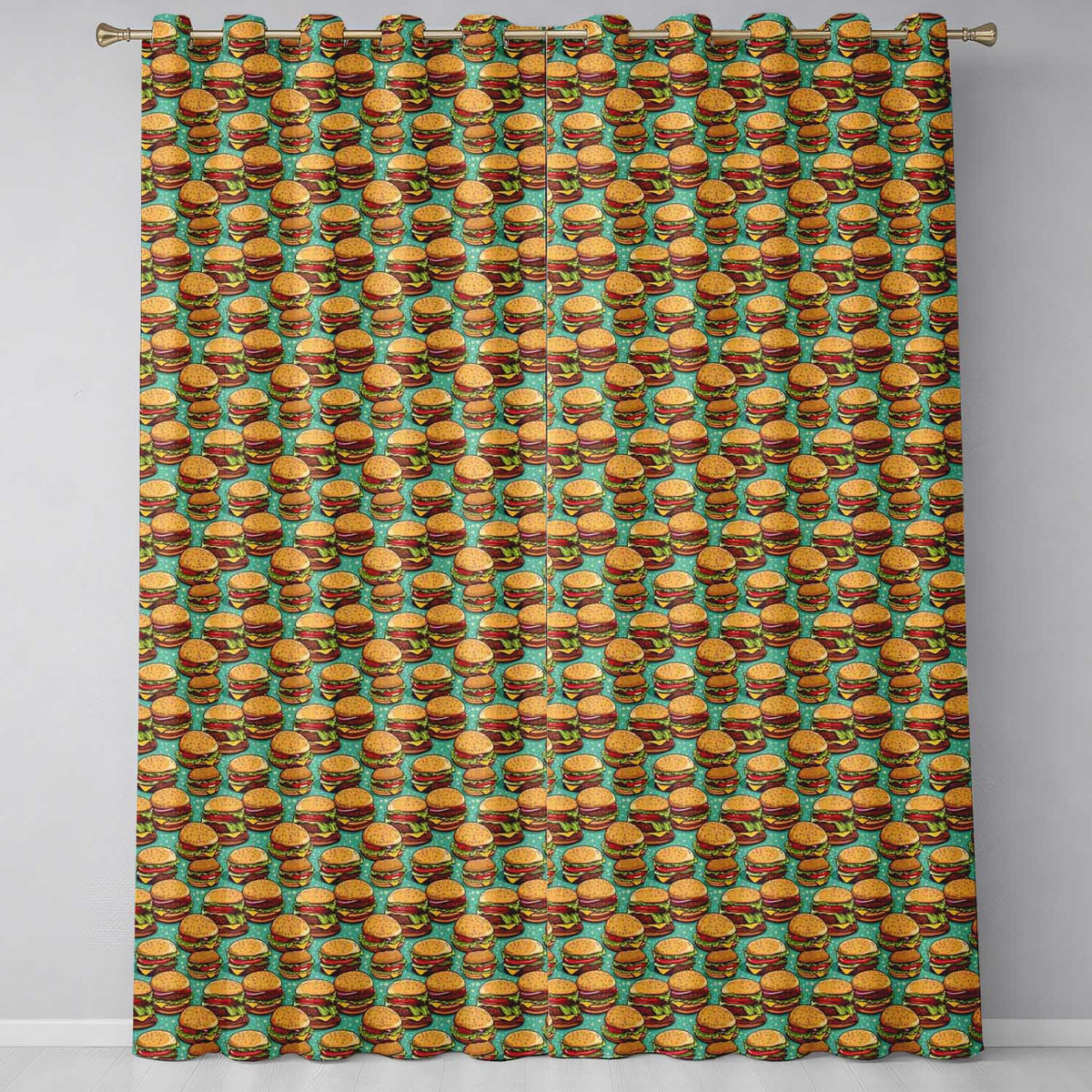 Cartoon Cheeseburger   Teal Star Background Fast Food Design  Readymade Eyelet Ring Top Thermal 100% Blackout Curtains