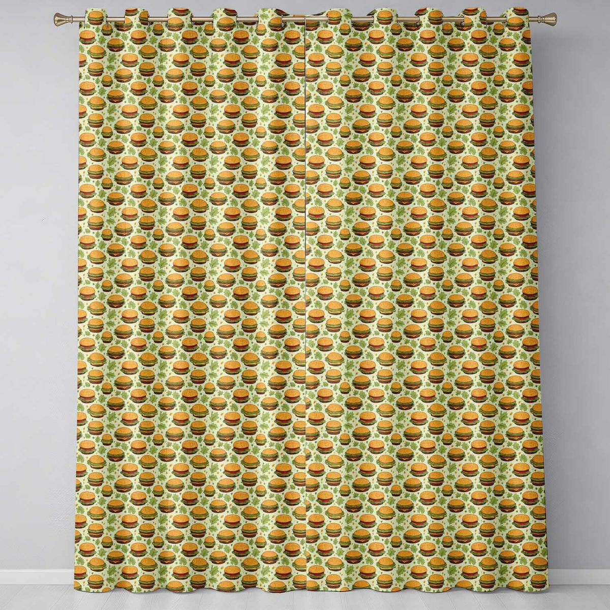 Autumn Burger Leaves Seamless  Beige Background Fast Food Design  Readymade Eyelet Ring Top Thermal 100% Blackout Curtains