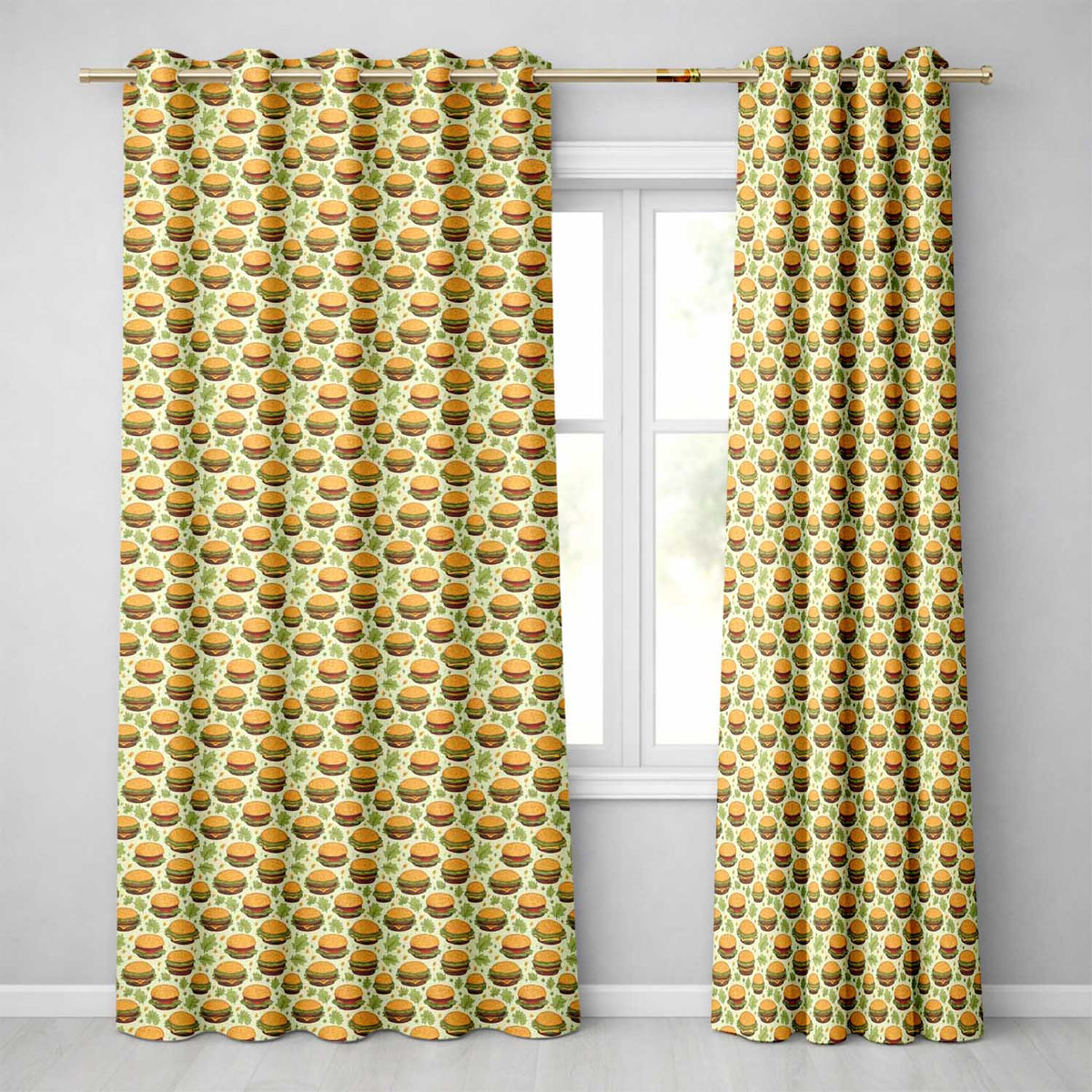 Autumn Burger Leaves Seamless  Beige Background Fast Food Design  Readymade Eyelet Ring Top Thermal 100% Blackout Curtains
