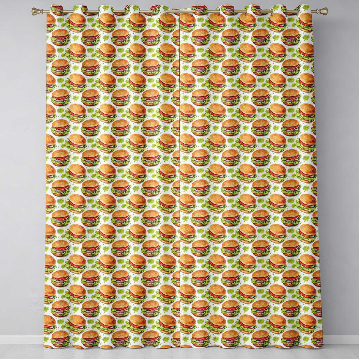 Watercolor Fresh Burger Seamless  White Background Food Illustration  Readymade Eyelet Ring Top Thermal 100% Blackout Curtains