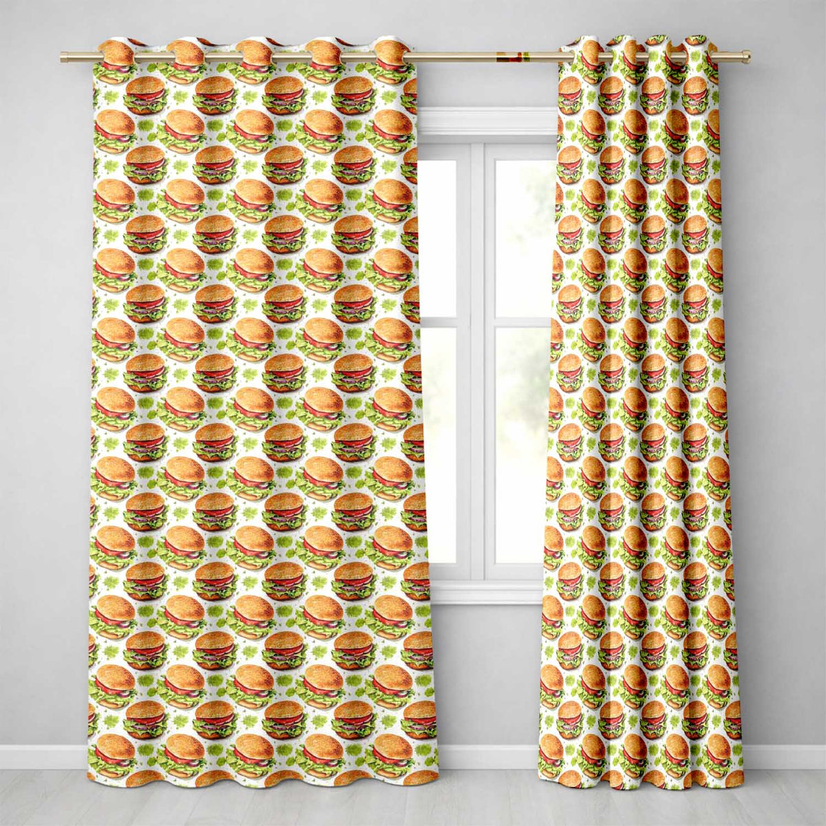 Watercolor Fresh Burger Seamless  White Background Food Illustration  Readymade Eyelet Ring Top Thermal 100% Blackout Curtains