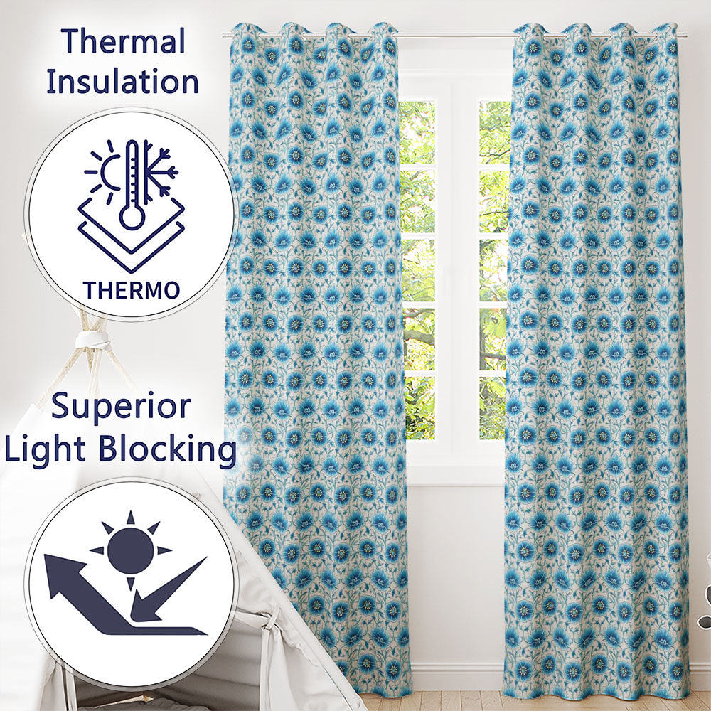 Blue Floral Vintage Seamless  Elegant Botanical Design  Readymade Eyelet Ring Top Thermal 100% Blackout Curtains