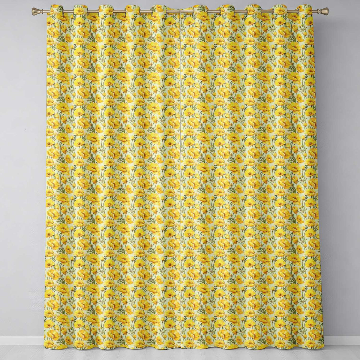 Yellow Poppy Floral Seamless  Botanical Garden Design  Readymade Eyelet Ring Top Thermal 100% Blackout Curtains