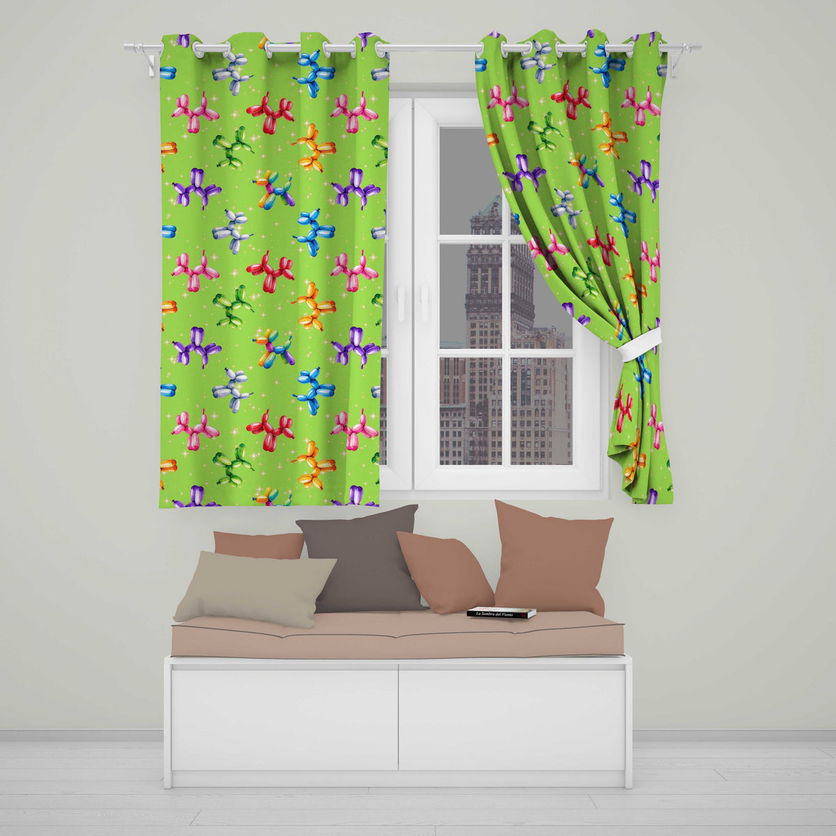 Balloon Dog Seamless  Green Background Colorful Party Design  Readymade Eyelet Ring Top Thermal 100% Blackout Curtains