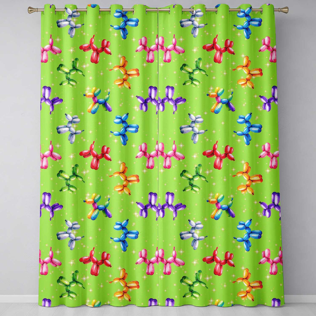 Balloon Dog Seamless  Green Background Colorful Party Design  Readymade Eyelet Ring Top Thermal 100% Blackout Curtains