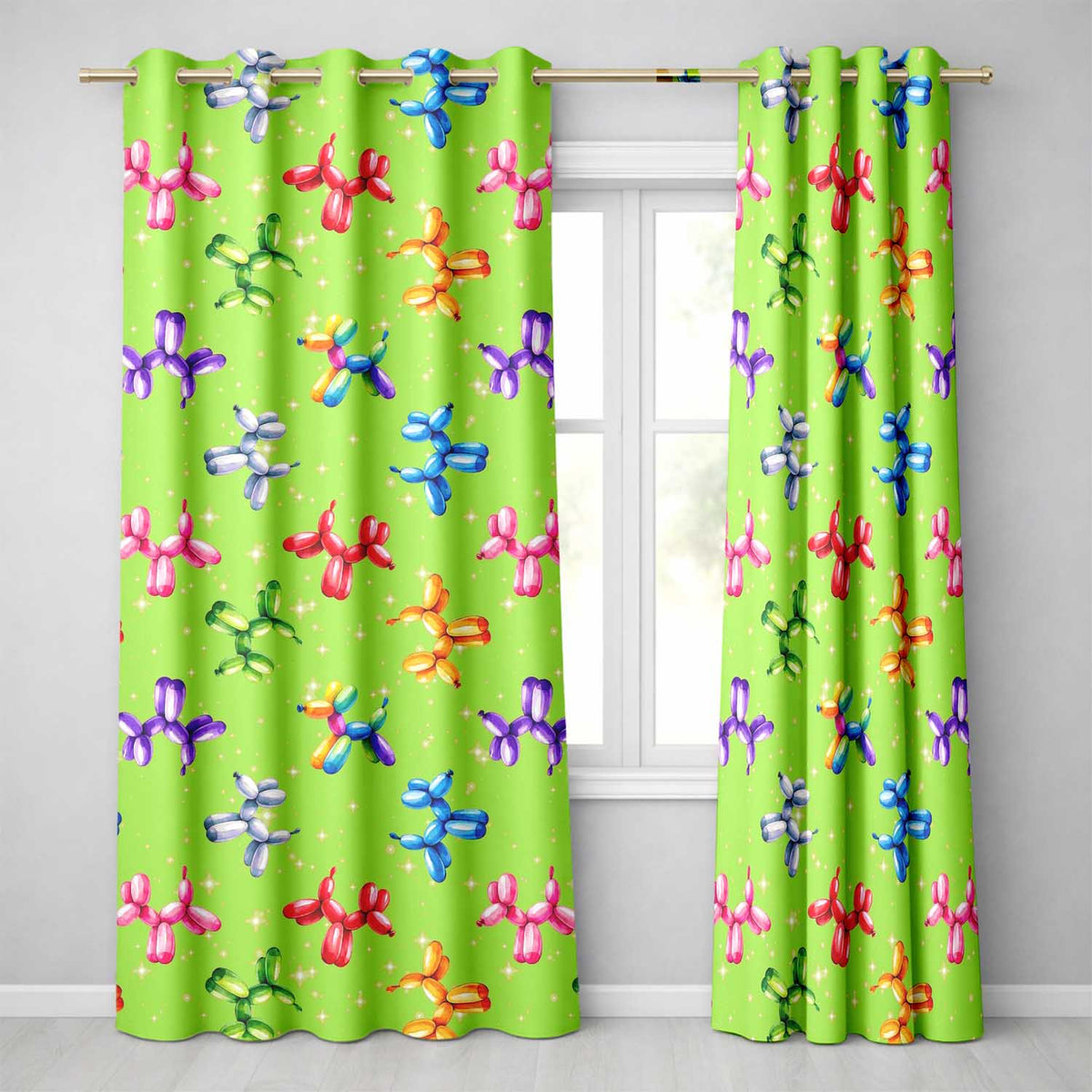 Balloon Dog Seamless  Green Background Colorful Party Design  Readymade Eyelet Ring Top Thermal 100% Blackout Curtains