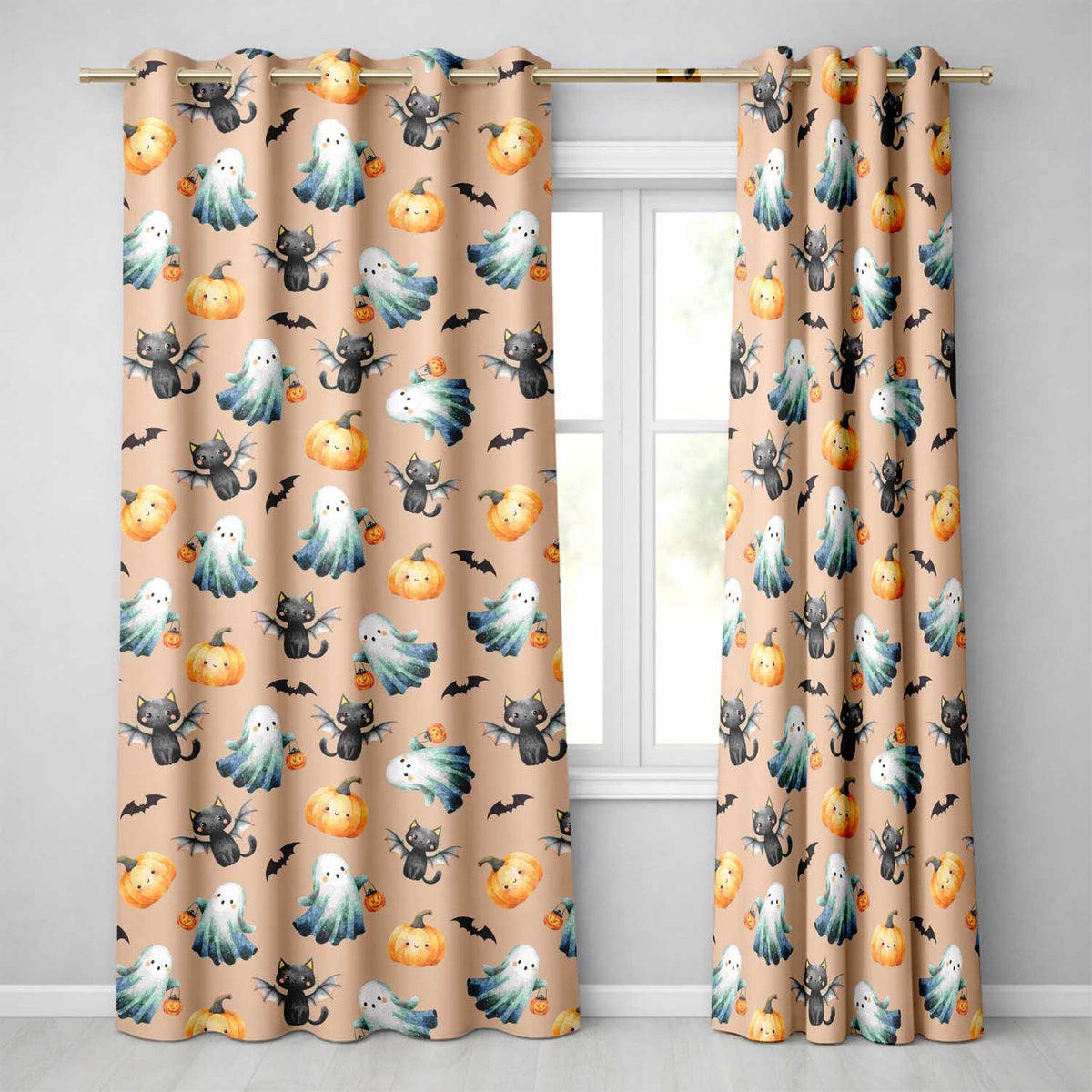 Halloween Ghost Pumpkin Cat Seamless  Taupe  Spooky Design  Readymade Eyelet Ring Top Thermal 100% Blackout Curtains