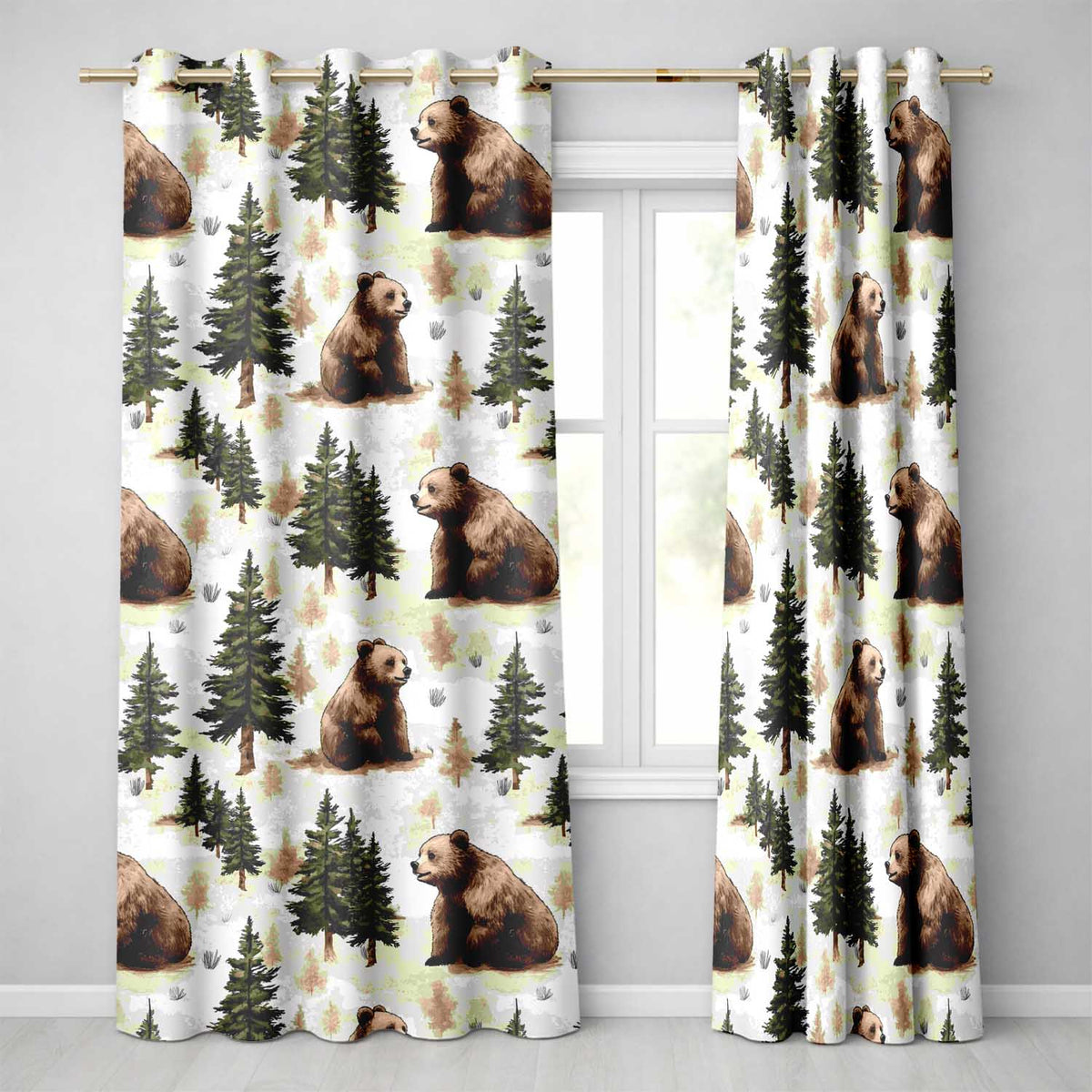 Woodland Bear Forest Seamless  Nature Wildlife Scenic Design  Readymade Eyelet Ring Top Thermal 100% Blackout Curtains
