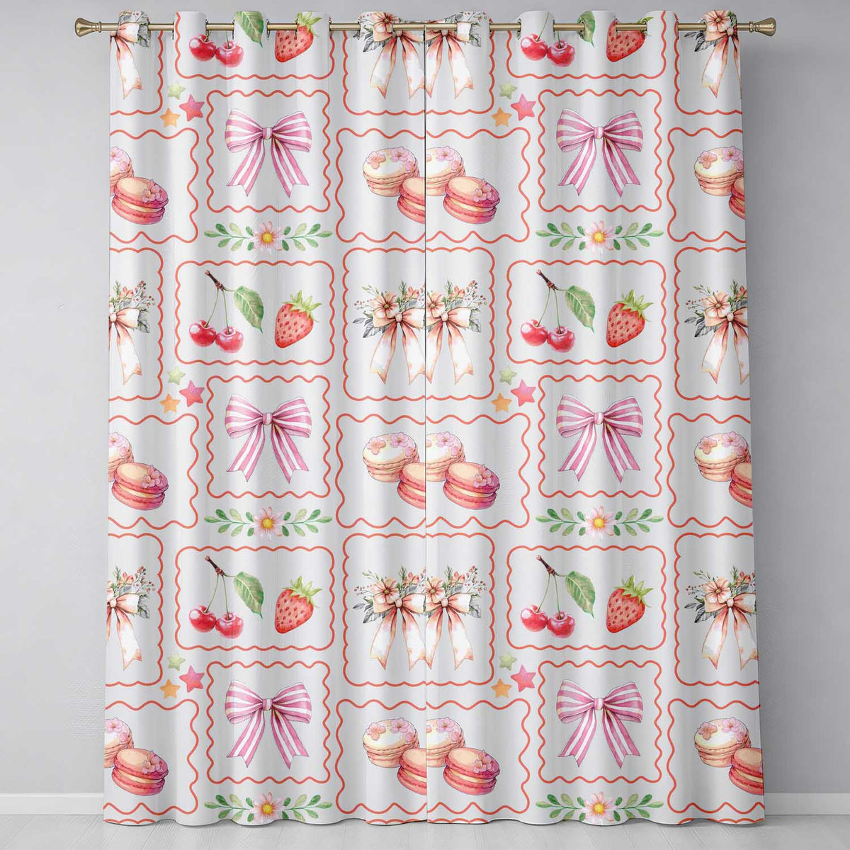 Strawberry Cherry Bow Seamless   Pastel Coquette Design  Readymade Eyelet Ring Top Thermal 100% Blackout Curtains