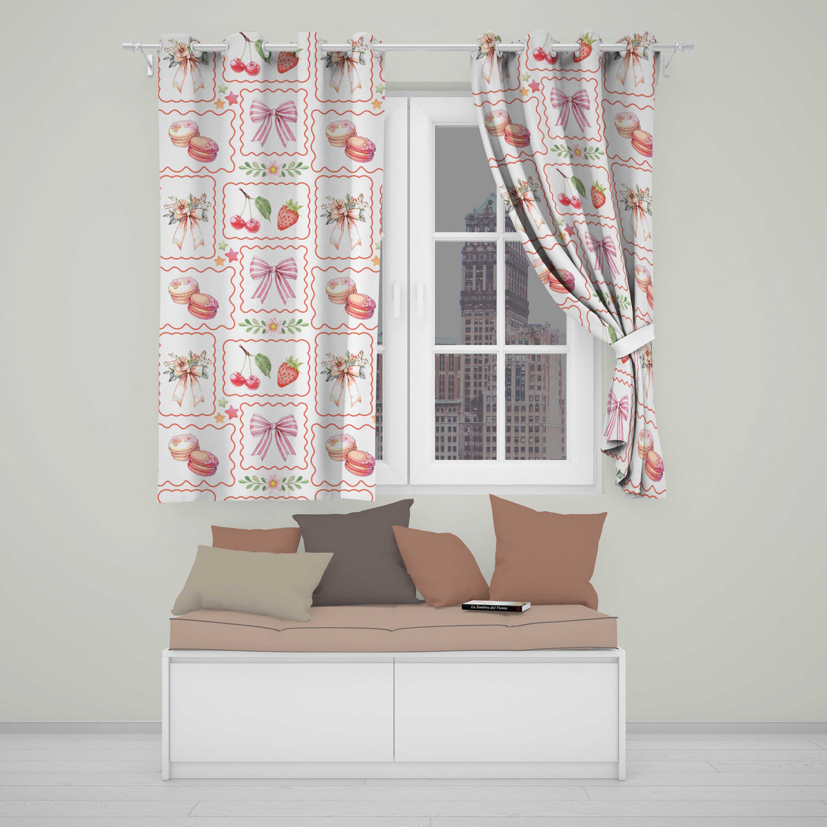 Strawberry Cherry Bow Seamless  Grey  Coquette Kawaii Design  Readymade Eyelet Ring Top Thermal 100% Blackout Curtains