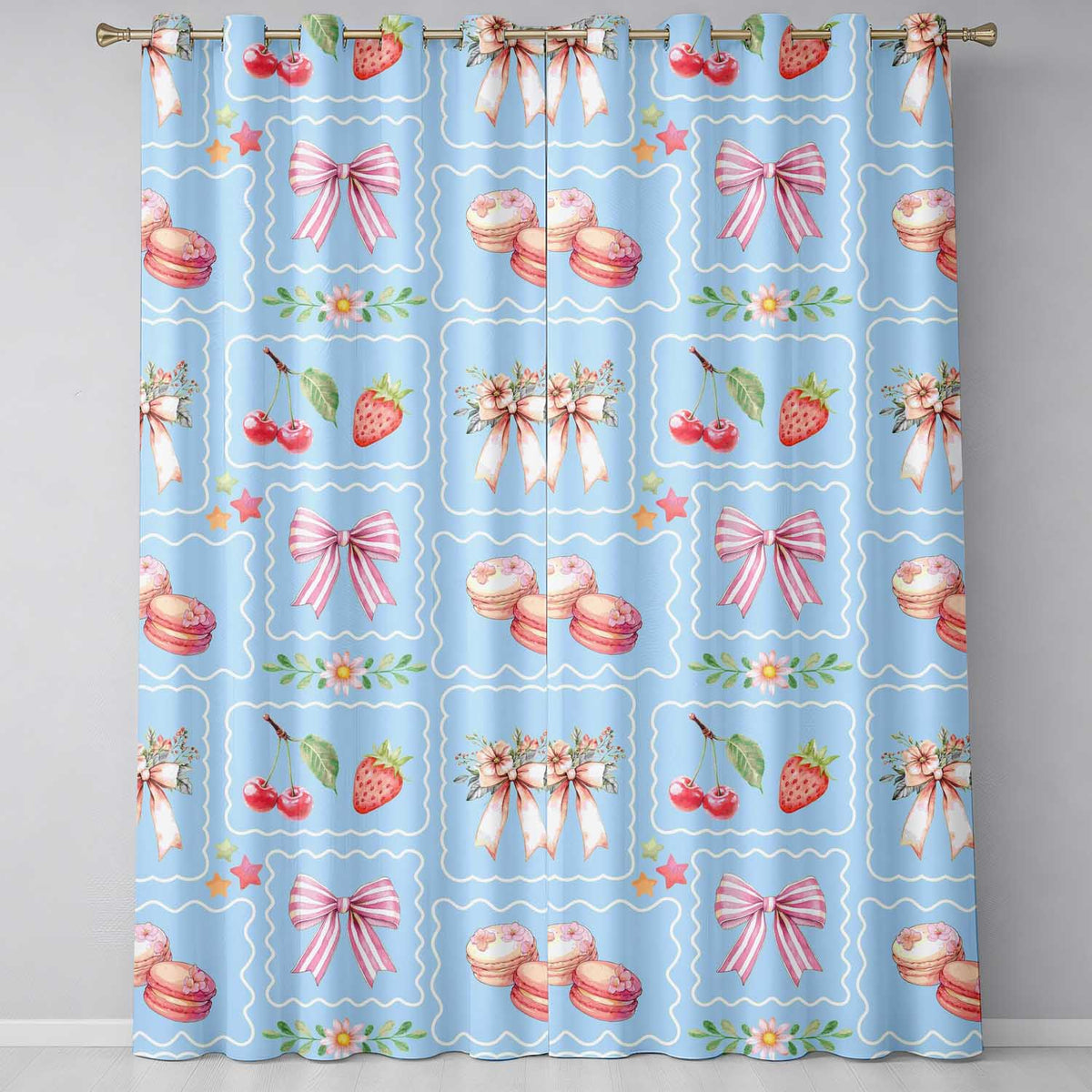 Strawberry Cherry Bow Daisy Cherry   Pink  Coquette Floral Design  Readymade Eyelet Ring Top Thermal 100% Blackout Curtains