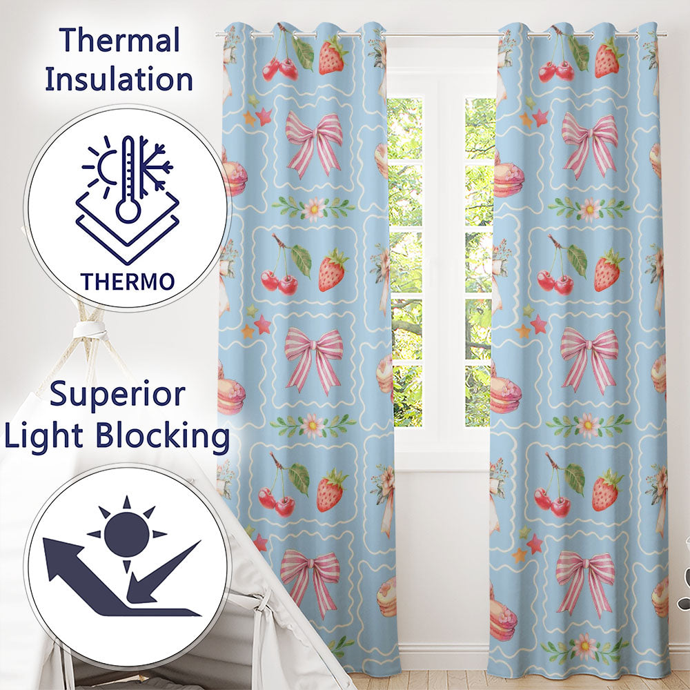 Strawberry Cherry Bow Daisy Cherry   Pink  Coquette Floral Design  Readymade Eyelet Ring Top Thermal 100% Blackout Curtains