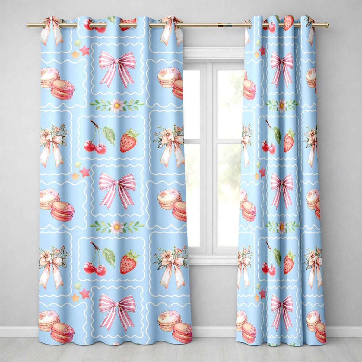 Strawberry Cherry Bow Daisy Cherry   Pink  Coquette Floral Design  Readymade Eyelet Ring Top Thermal 100% Blackout Curtains