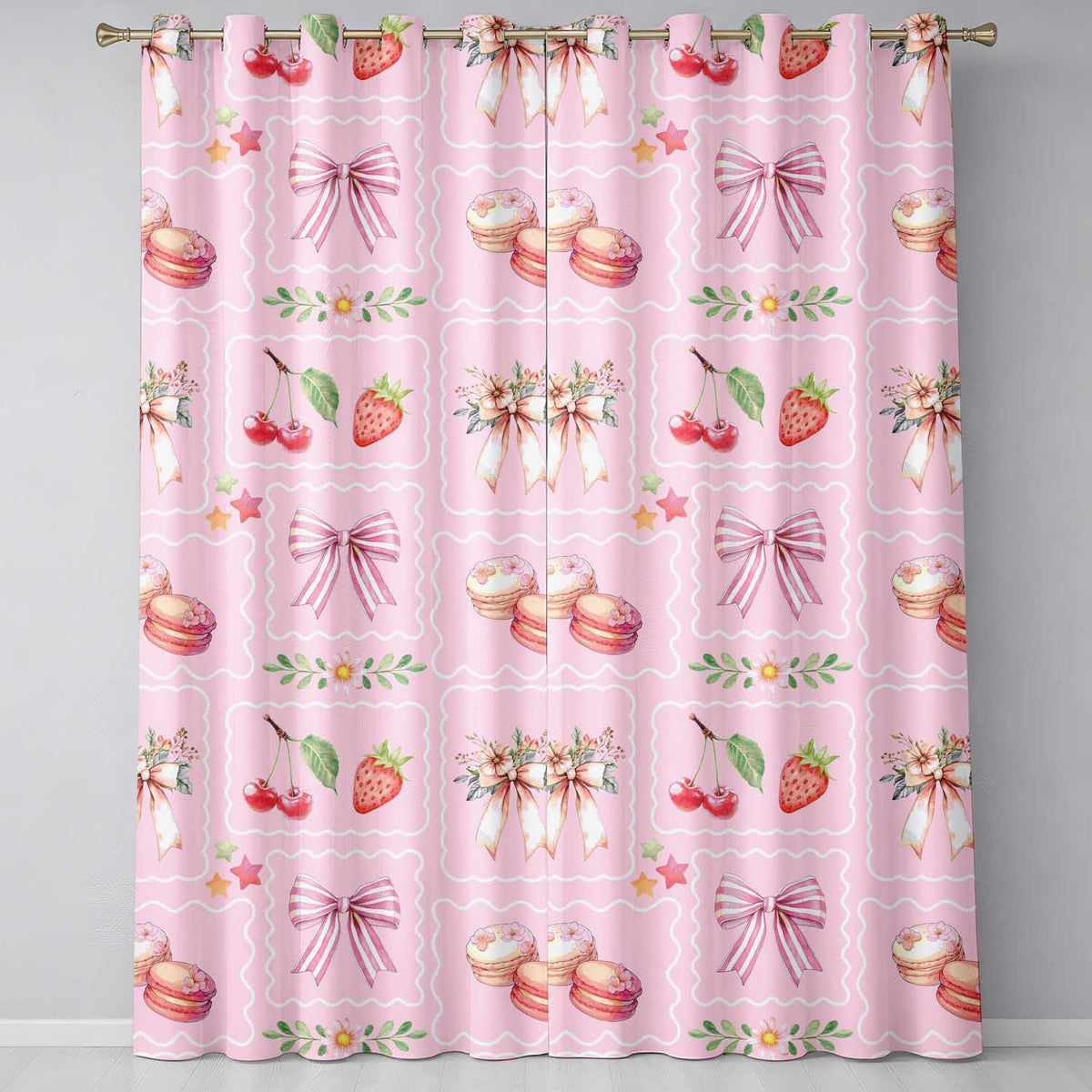 Strawberry Cherry Daisy Seamless  Soft Pink  Coquette Floral Design  Readymade Eyelet Ring Top Thermal 100% Blackout Curtains