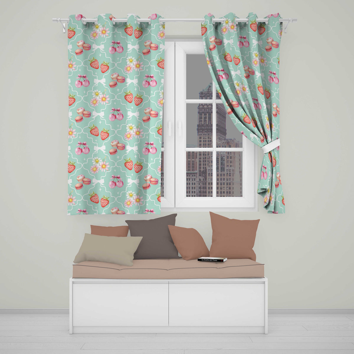 Strawberry Cherry Daisy Seamless  Teal  Coquette Floral Design  Readymade Eyelet Ring Top Thermal 100% Blackout Curtains