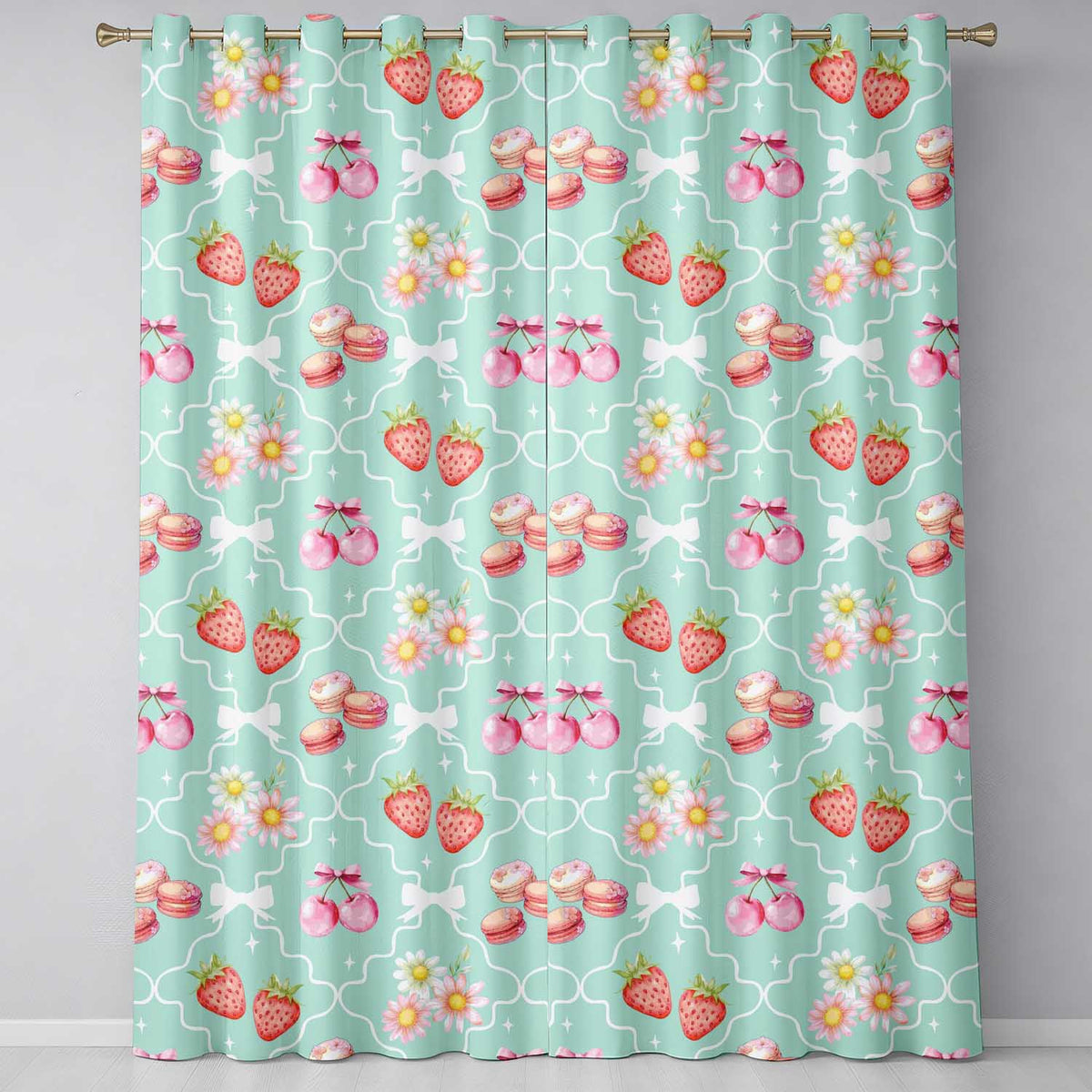 Strawberry Cherry Daisy Seamless  Teal  Coquette Floral Design  Readymade Eyelet Ring Top Thermal 100% Blackout Curtains