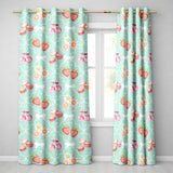 Strawberry Cherry Daisy Seamless  Teal  Coquette Floral Design  Readymade Eyelet Ring Top Thermal 100% Blackout Curtains