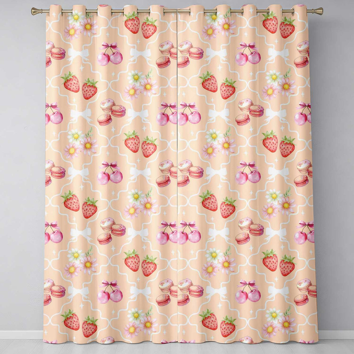 Strawberry Cherry Daisy Seamless    Coquette Floral Design  Readymade Eyelet Ring Top Thermal 100% Blackout Curtains