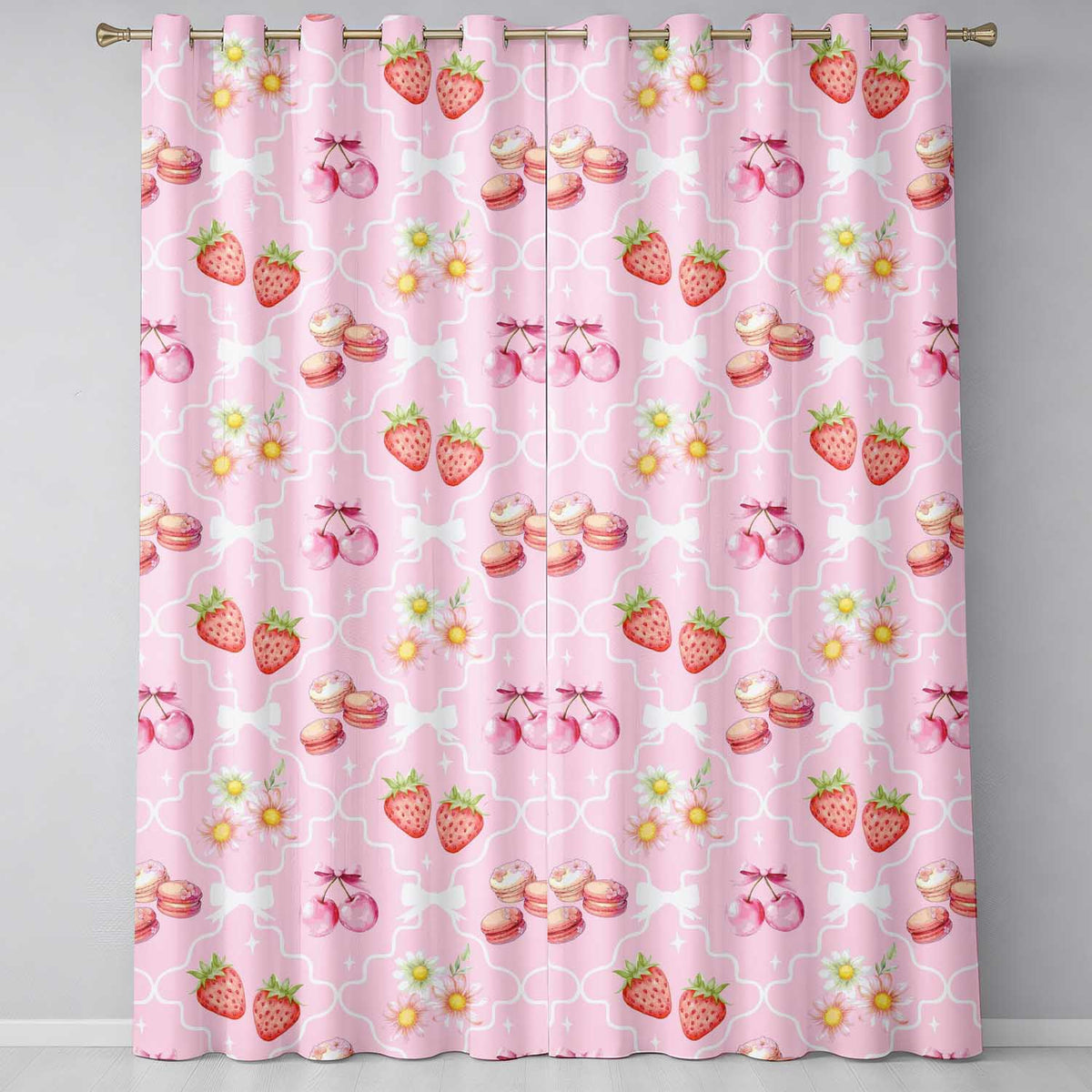 Strawberry Cherry Daisy   Pink Outline  Coquette Floral Design  Readymade Eyelet Ring Top Thermal 100% Blackout Curtains
