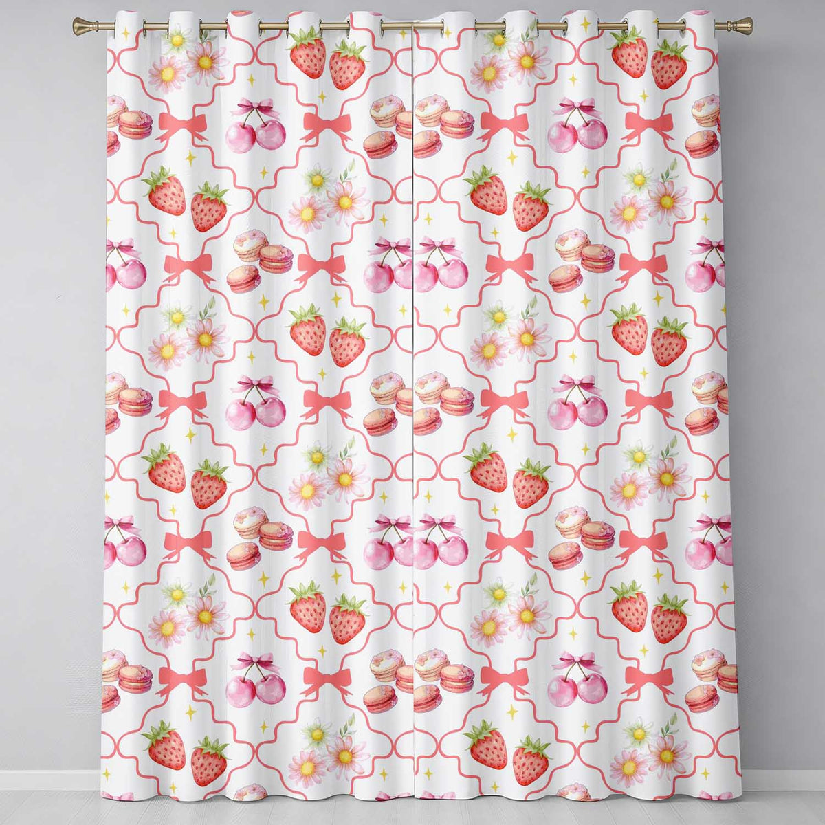 Strawberry Cherry Daisy   White Red Outline  Coquette Floral Design  Readymade Eyelet Ring Top Thermal 100% Blackout Curtains