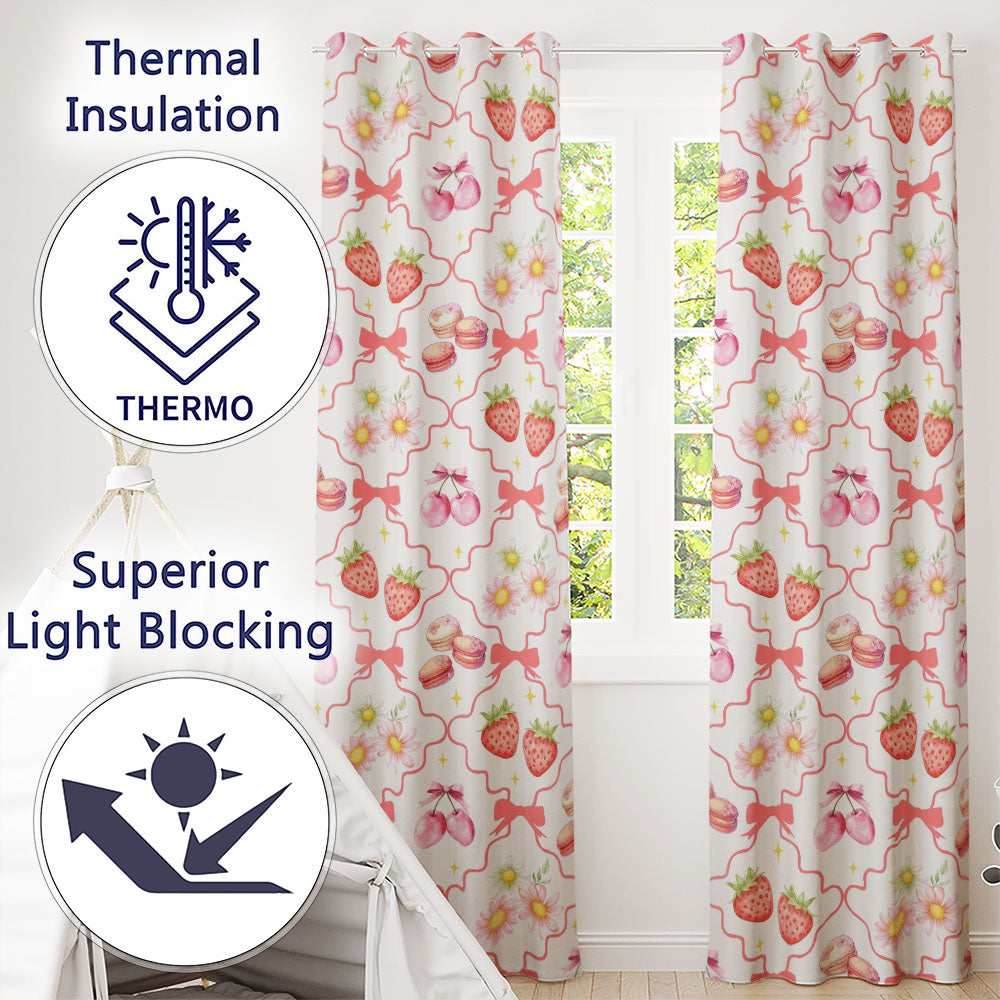 Strawberry Cherry Daisy   White Red Outline  Coquette Floral Design  Readymade Eyelet Ring Top Thermal 100% Blackout Curtains