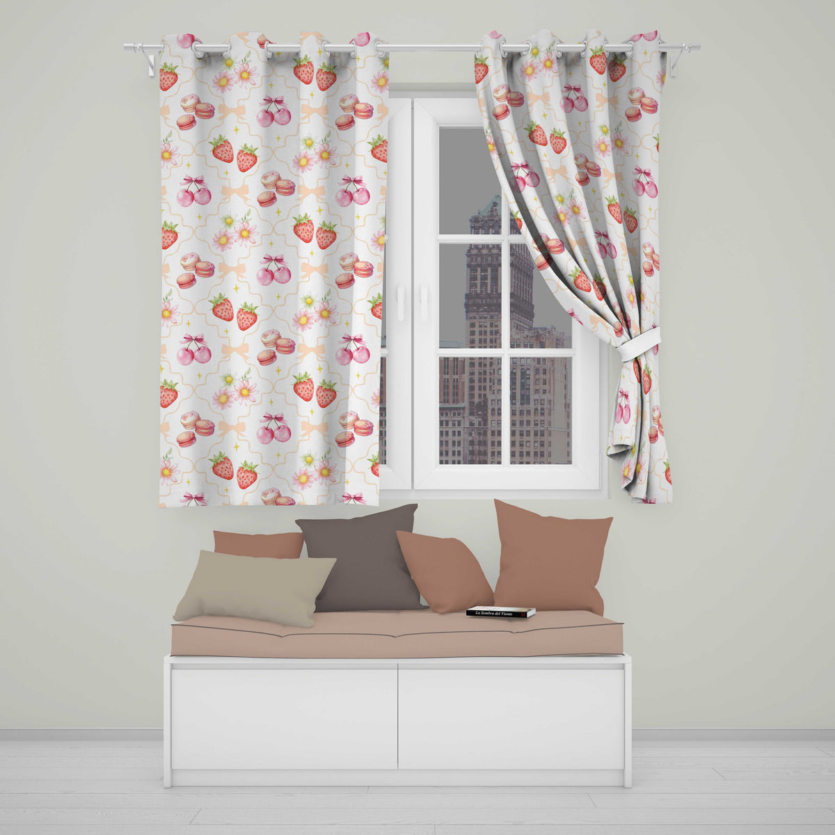 Strawberry Cherry Daisy   White Pastel Outline  Coquette Floral Design  Readymade Eyelet Ring Top Thermal 100% Blackout Curtains