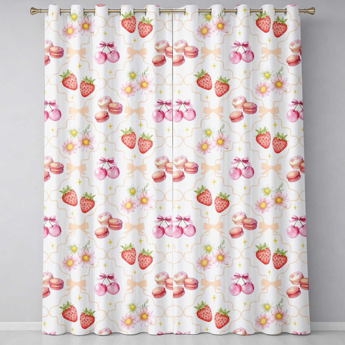 Strawberry Cherry Daisy   White Pastel Outline  Coquette Floral Design  Readymade Eyelet Ring Top Thermal 100% Blackout Curtains