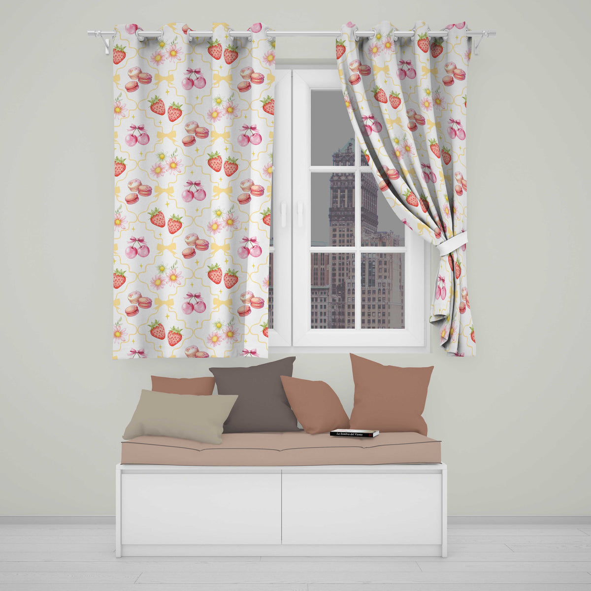 Strawberry Cherry Daisy   White Yellow  Coquette Floral Design  Readymade Eyelet Ring Top Thermal 100% Blackout Curtains