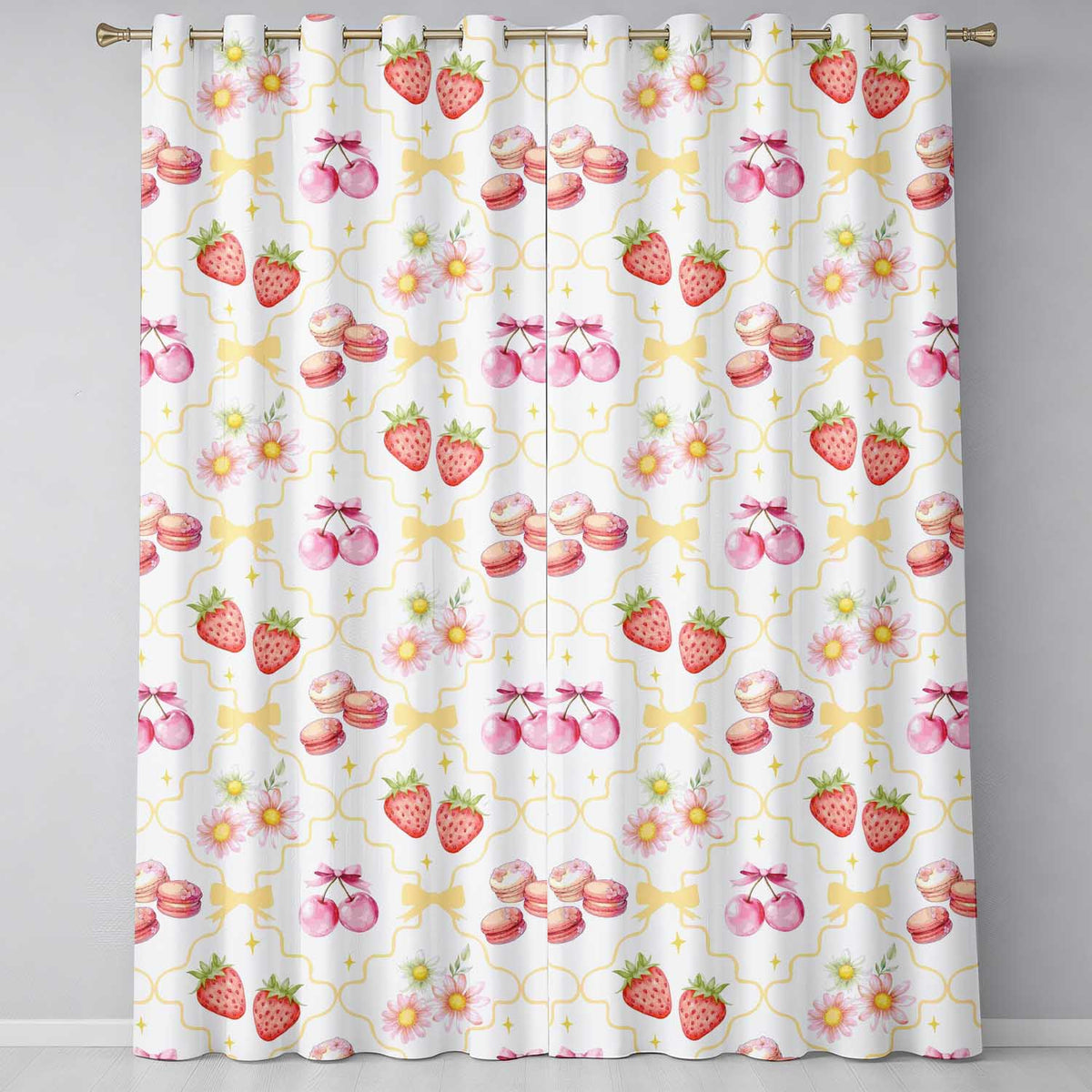Strawberry Cherry Daisy   White Yellow  Coquette Floral Design  Readymade Eyelet Ring Top Thermal 100% Blackout Curtains